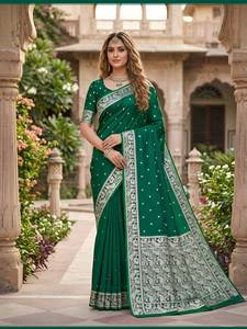 Sari en soie Banarasi traditionnel indien avec broderie Zari pour les occasions de mariage et les événements festifs, tenue pour femmes - Product Image 3