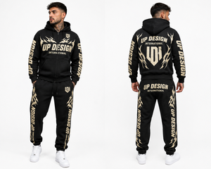 Ensemble de survêtement personnalisé noir pour homme avec impression en relief, sweat à capuche zippé et pantalon de jogging, style streetwear et sportswear épais - Product Image 1
