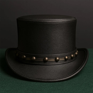 Handcrafted Black Leather Top <b>Hat</b> Steampunk with Studded <b>Band</b> Bold Western Gothic - Product Image 2