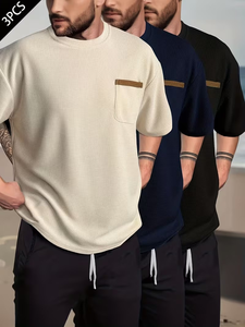 Men's Knitted Solid Color Waffle Pattern Casual <b>T</b>-<b>Shirts</b> <b>with</b> <b>Pockets</b> Crew Neck Short Sleeve Regular Fit Slight Stretch Fabric - Product Image 3