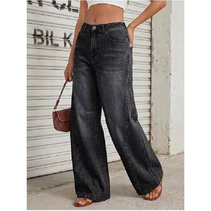 Pantalon en jean décontracté taille haute vintage noir à jambe large et coupe ample pour femme, personnalisable avec logo, style streetwear, vente en gros - Product Image 5