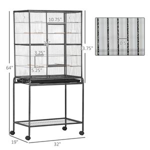 Gabbia per Uccelli in Metallo con Ruote da 30 Pollici, Supporto Rimovibile, Ripiano Portaoggetti, Posatoio in Legno e Contenitore per Cibo, per Uccelli di Taglia Media - Product Image 3