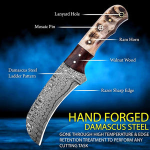 Cuchillo Táctico de Acero de Damasco Hecho a Mano con Mango de Palisandro y Hueso, Hoja Fija de 8 Pulgadas, Funda de Cuero y Orificio para Cordón - Product Image 3