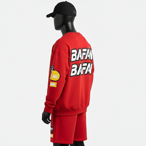 Conjunto de Sudadera y Pantalones Cortos de Felpa de Algodón Cepillado de Lujo para Hombre, Color Rojo, Logotipo Estampado, Uso Diario - Product Image 4