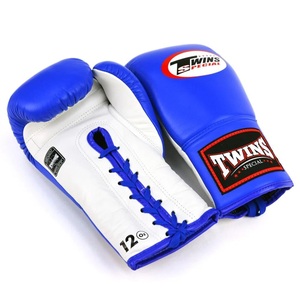 Top Trend Customizable Twins Muay Thai Boxing Gloves Lace-Up Full Finger Premium Leather Blue White Adult Training Sparring Gear - Product Image 2