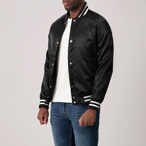Blouson bomber en satin noir pour homme avec bordure blanche Coupe classique Style décontracté Vêtement d'automne - Product Image 4