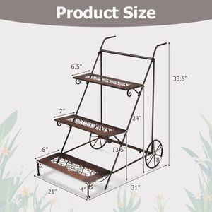 Support à plantes en métal à 3 niveaux avec roulettes et poignée pour balcon, style grande roue - Product Image 5