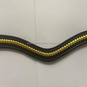 Made in India Custom Made Leather Horse Brow <b>Band</b> Empty Channel Inlaid Golden Clincher with Strong Edge Stitching & <b>Snap</b> Loops - Product Image 6