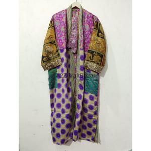 Handmade Silk Patchwork V-neck Drawstring Closure Full Length Soft Breathable Gown Lounge Wear Kimono Party Gown for Women - Product Image 6