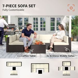 Set di mobili da giardino in rattan PE per tutte le stagioni, 7 pezzi, con tavolino da caffè con piano in vetro - Product Image 5