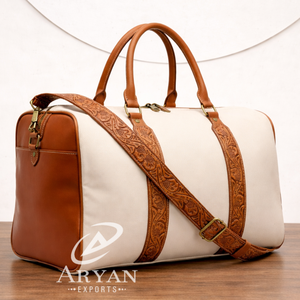 Luxury Canvas <b>Leather</b> Duffel Bag Large Travel Weekender Bag Handmade <b>Tooled</b> <b>Leather</b> Strap Overnight Gym Bag Custom Logo - Product Image 1