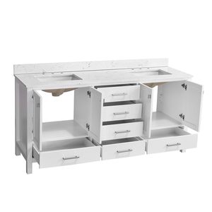 Mobile bagno bianco da 72 pollici con doppio lavabo sottopiano e elegante mobiletto contenitore con piano superiore - Product Image 1