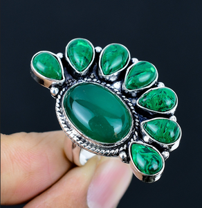 Bague en onyx vert et malachite, forme de demi-fleur, cadeau de bijoux spécial pour maman, bijoux floraux, bijoux faits à la main - Product Image 2