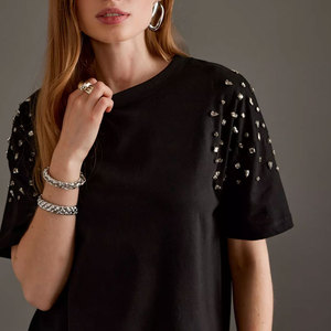 T-shirt décontracté pour femme en coton tricoté écologique, noir, à manches courtes bouffantes, motif écossais, col rond, coupe classique, orné de strass - Product Image 2