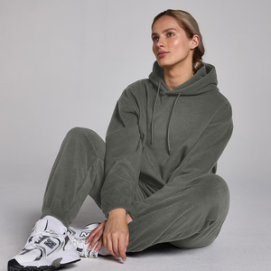Sweat-shirt à capuche surdimensionné gris pour femme, couleur unie, en coton tricoté, respirant, à manches longues, pull-over respirant, tenue d'hiver - Product Image 5