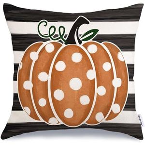 Fodera per cuscino decorativa autunnale GEEORY a righe e pois, arancione zucca, personalizzabile, per cuscini decorativi da fattoria per il Ringraziamento - Product Image 1