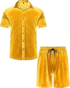 Ensemble de survêtement d'été personnalisé pour homme en velours respirant de haute qualité, short de jogging et short à boutons, coupe ajustée, jaune, deux pièces - Product Image 5