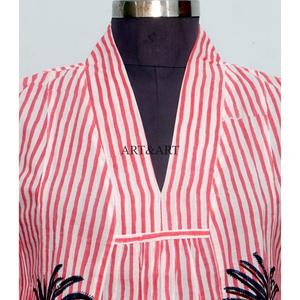 Vestido midi holgado con estampado de palmeras, ligero, ecológico, de algodón transpirable y lavable, elegante, con cuello en V y manga 3/4 para mujer. - Product Image 3