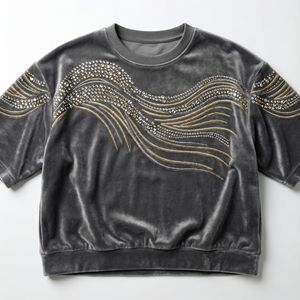 Sudadera de terciopelo para hombre con bordado de ondas con pedrería, tela suave de primera calidad, corte holgado, estilo streetwear para uso casual. - Product Image 1