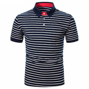 Polo à manches courtes rayé bleu marine et blanc pour homme, boutonné, décontracté, en coton tricoté respirant, coupe classique - Product Image 2