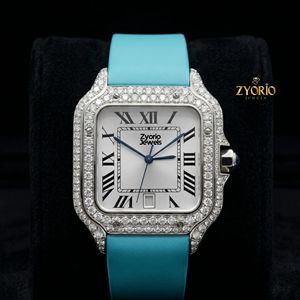 Reloj de Lujo con Diamantes para Hombre, Correa Azul Claro, Esfera Cuadrada de Acero Inoxidable, Estilo Hip Hop - Product Image 1