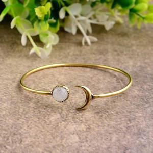 Minimalist Crescent Moon Bangle-Dainty Precious Metal Alloy Rhodium Plated Open Cuff <b>Bracelet</b>-Trendy Celestial Handmade Unisex - Product Image 1