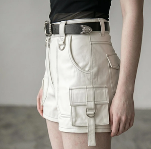 High Waisted <b>Cargo</b> Shorts With Zipper Fly And Pockets Moto Biker Style Women's Canvas Shorts - Product Image 3
