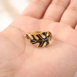 Leaf Designed Black Enameled Adjustable 18k Gold Plating Brass Statement Signet Ring Wedding Birthday Stylish Minimalist <b>Gift</b> - Product Image 6