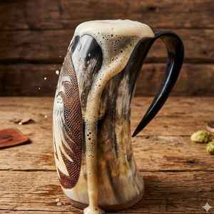 Custom Engraved Rustic Viking Eco-Friendly Durable <b>Large</b> Capacity Handmade Natural Buffalo Horn Beer <b>Mug</b> with Handle - Product Image 2