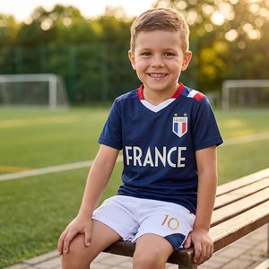 France Kids, Adults Soccer Jersey Kit Blue <b>White</b> V-Neck Short Sleeve Breathable Polyester Uniform - Product Image 3