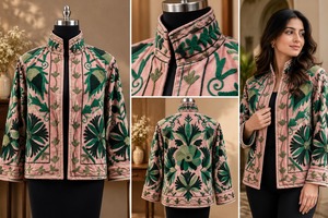 Suzani Pink <b>Velvet</b> Embroidered <b>Jacket</b> for <b>Women</b> Elegant Floral Embroidery Ethnic Winter Layering <b>Jacket</b> Fashion Wholesale Wear - Product Image 3