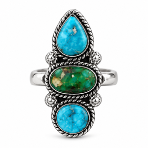 Blue Turquoise Green Turquoise 3 Stone <b>Ring</b> Oval Pear Round Gemstone Jewelry Western Boho Handmade <b>Statement</b> <b>Ring</b> - Product Image 1