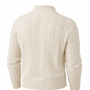Pull en laine tricoté pour homme, couleur unie, maille torsadée, fermeture à quart de zip, manches longues, pour l'automne, sur mesure et en gros - Product Image 2