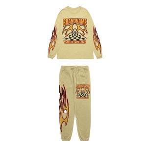 Ensemble streetwear pour homme personnalisé avec nom de marque, sweat-shirt à manches longues, jogging, capuche, imprimé flamme, vêtements d'automne de haute qualité - Product Image 1