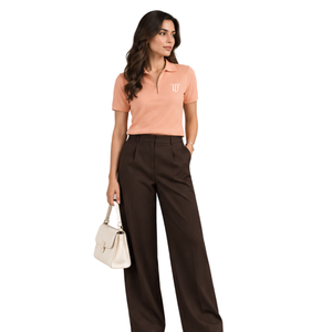 Peach Half Zip Collared Short Sleeve Polo <b>Top</b> with Brown Wide Leg Pleated Pants <b>Womens</b> <b>Smart</b> Casual Outfit - Product Image 4