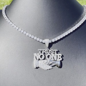 Trust No One Pendant Necklace Men's Hip Hop Rhodium Plated 925 Silver Chain With Crystal Rhinestone <b>Letter</b> Design - Product Image 4