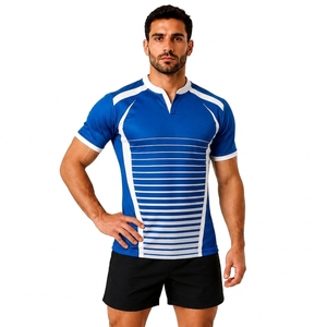 Maillot de rugby à manches courtes rayé bleu pour homme, col en V, respirant, ajusté, pour les sports d'équipe et l'entraînement - Product Image 1