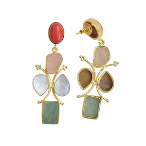 Boucles d'oreilles pendantes artistiques plaquées or avec pierres semi-précieuses, bijoux de mode de créateur en gros - Product Image 6