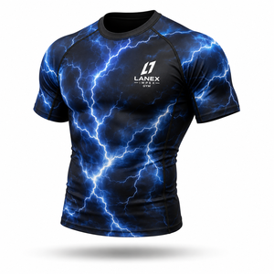 <b>Men</b> Blue Lightning <b>Compression</b> <b>Shirt</b> Short Sleeve Rash Guard Gym Fitness Workout Athletic Base Layer Sportswear Custom Logo OEM - Product Image 2