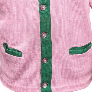 Cardigan en acrylique rose pour sororité, tricoté, à rayures vertes, col en V, boutonné sur le devant, avec logo AKA en lettres grecques, manches rayées, style collage - Product Image 4
