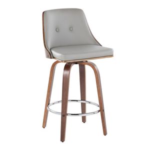 Tabouret de comptoir Gianna de 26 po, style Mid-Century Modern, en bois de noyer, simili cuir gris clair, hauteur fixe avec pivotant et accents chromés - Product Image 2