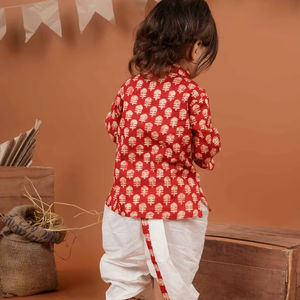 Kurta en coton rouge imprimé avec dhoti pour garçons-T-Redbootykurta - Product Image 1