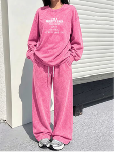 <b>Womens</b> Acid Wash Pink Crew Neck Sweatshirt Wide Leg <b>Pants</b> 2 Piece Set Letter Print Loose Tracksuit Outfit - Product Image 6
