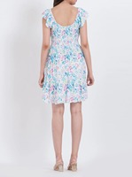 Robe mini trapèze smockée à motif floral, 100 % coton, coupe ajustée, col carré, taille élastique, lavable, écologique, pour femme - Vente en gros