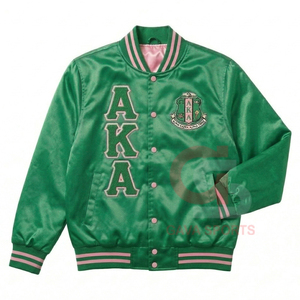 Alpha | Kapa | Alpha Greek Gear Bomber green <b>pink</b> with Front Button Winter College Sorority womens Custom Satin Varsity <b>jacket</b> - Product Image 1
