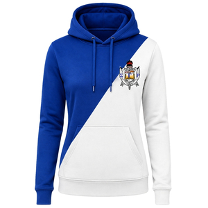 Sudadera con capucha para mujer, personalizada, azul real y blanca, con 2 paneles cruzados, estilo color block, con cordón, informal, para hermandades griegas - Product Image 1
