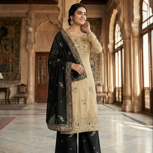 Ensemble Kurti Plazo Dupatta en soie GMY pure avec broderie lourde et travail de sequins - Product Image 1