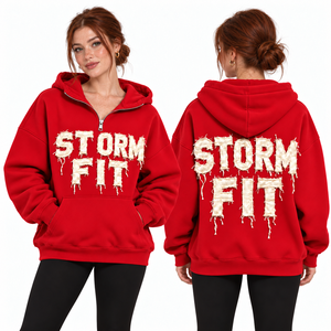 Sweat à capuche demi-zip pour femme, bordeaux clair, coupe Storm Fit, avec appliqué lettres, épaules tombantes, poche kangourou, en polaire décontractée, style streetwear, coupe-vent - Product Image 3
