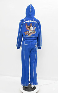 Tracksuits Men's Solid Blue Panel Work Contrast Five Thread Stitch Applique <b>Embroidery</b> Letters Casual Pullover Loose Bottom <b>Sets</b> - Product Image 5
