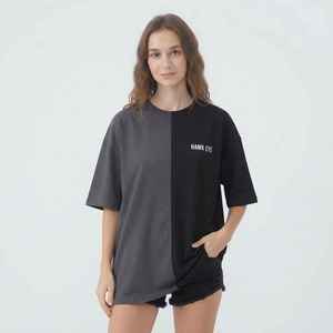Camiseta Oversize para Mujer con Bloques de Color, Cuello Redondo, Manga Corta, Ajuste Holgado, 100% Algodón, Tejido Jersey Transpirable, Impresión de Logotipo Personalizado - Product Image 1